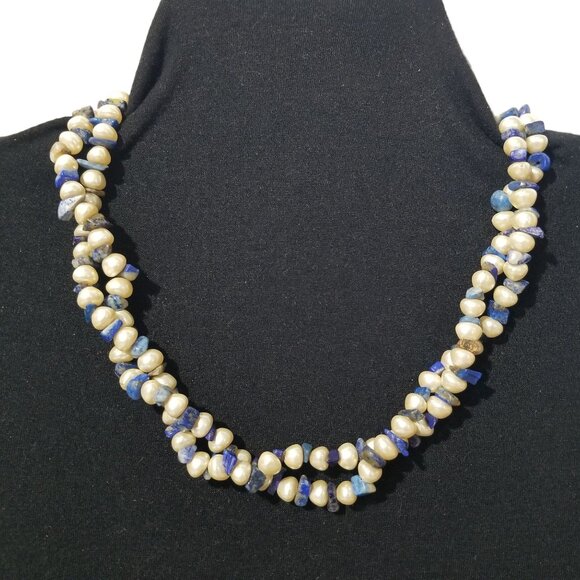 Pearls & Lapis Lazuli Choker Necklace Baroque Freshwater Pearls and Lapis Chips - Picture 10 of 10